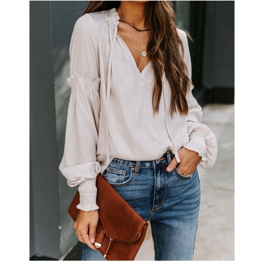 VICI Satin Smocked Ruffle Blouse -Champagne